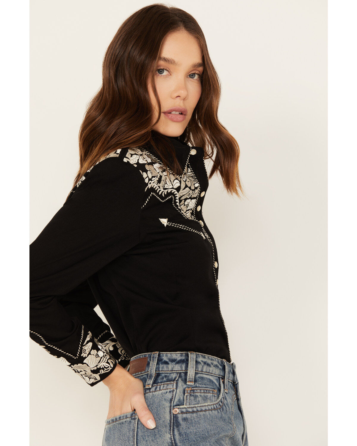 Image #2 - Scully Women's Embroidered Long Sleeve Pearl Snap Western Shirt, Silver, hi-res