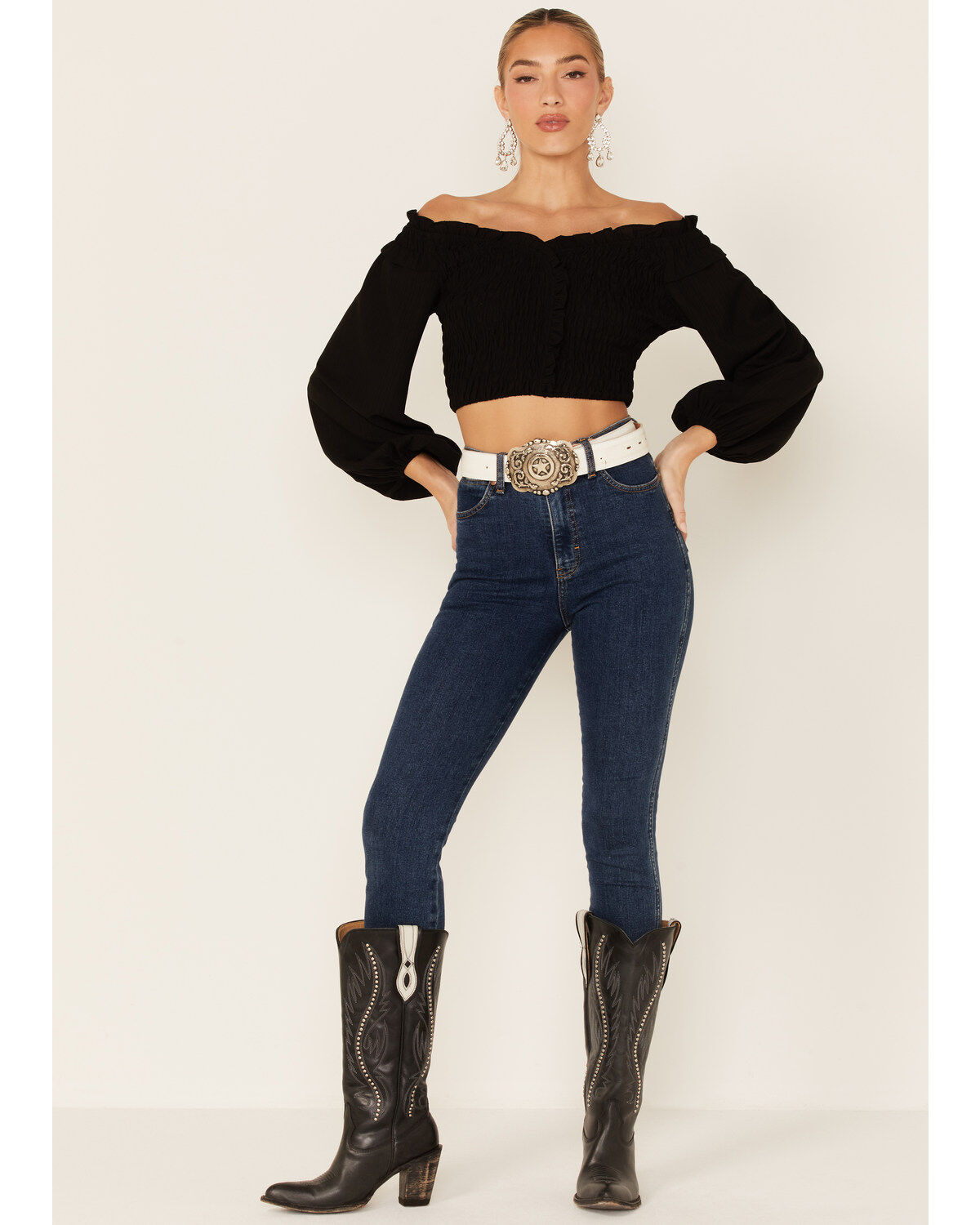 Image #4 - Flying Tomato Women's Solid Off The Shoulder Smocked Crop Long Sleeve Top, , hi-res