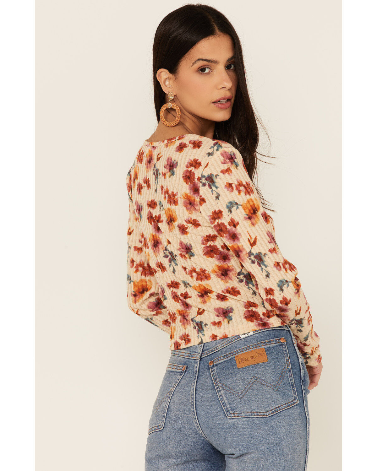 Image #3 - Wild Moss Women's Rust Long Sleeve Floral Button Cinch Front Knit Top, Rust Copper, hi-res