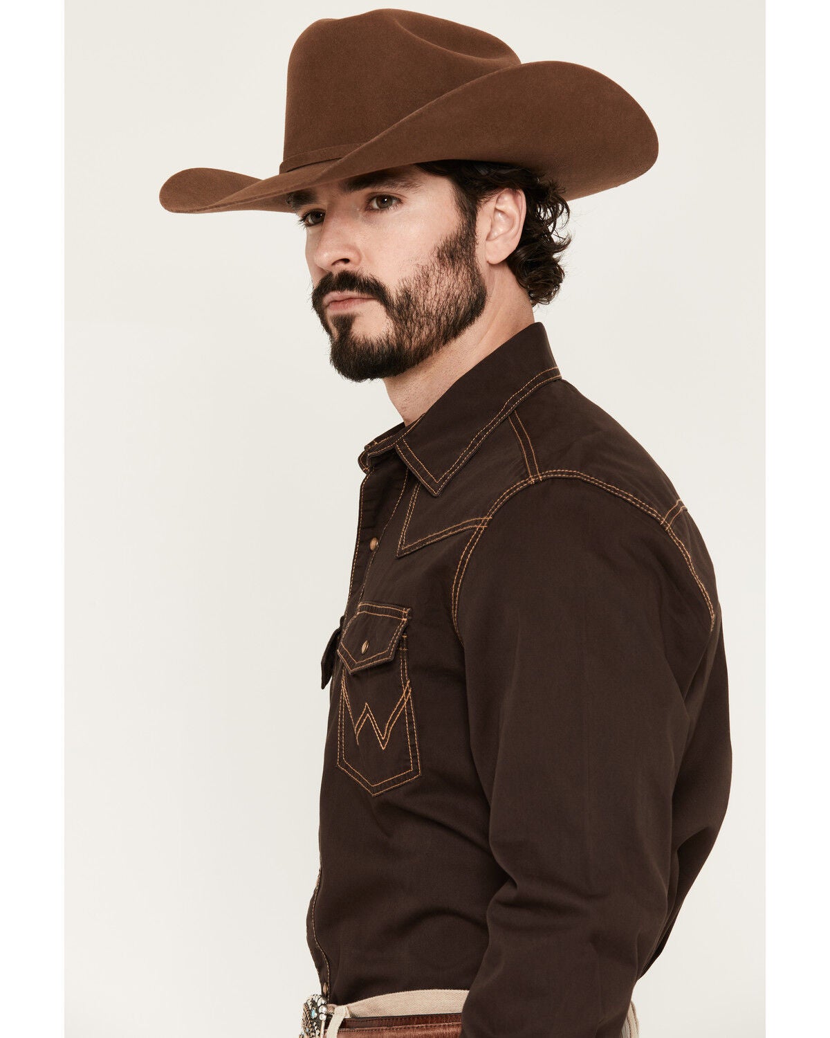 Image #2 - Wrangler Retro Men's Solid Long Sleeve Snap Western Shirt, Brown, hi-res