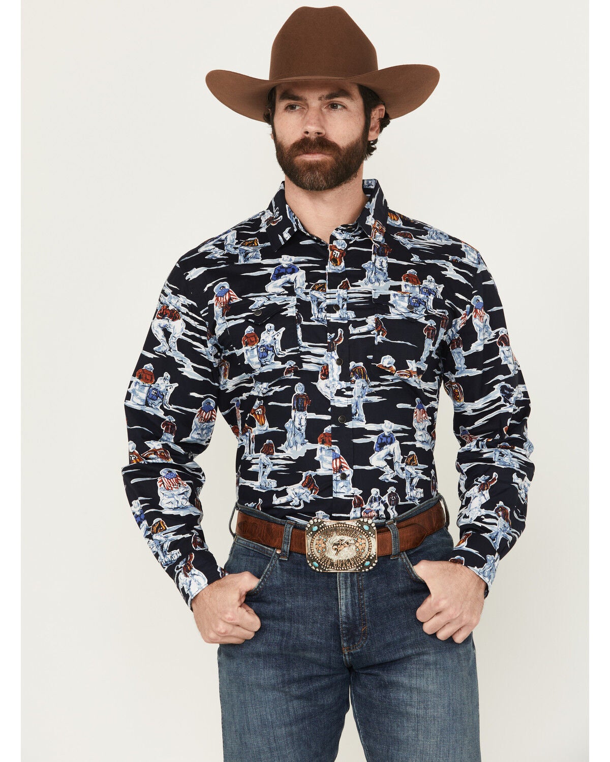 Panhandle Men's Vintage Patriotic Cowboy Long Sleeve Snap Western Shirt, Black, hi-res
