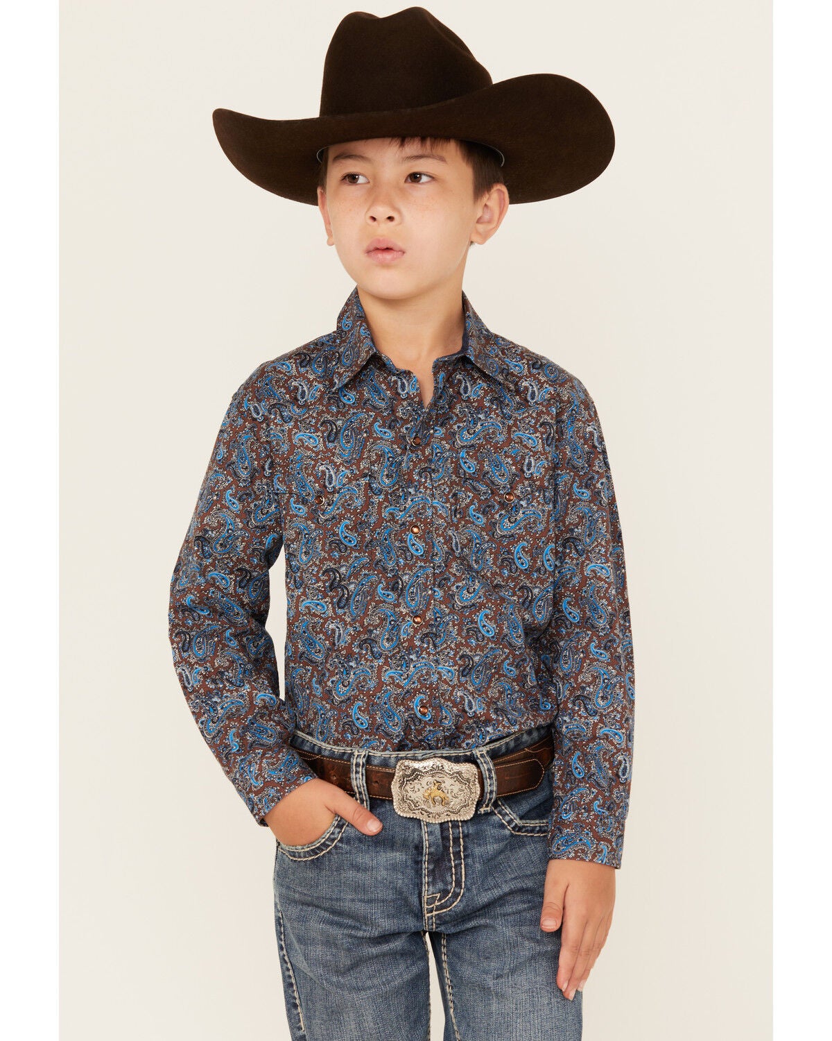 Roper Boys' Paisley Print Long Sleeve Pearl Snap Western Shirt, Blue, hi-res