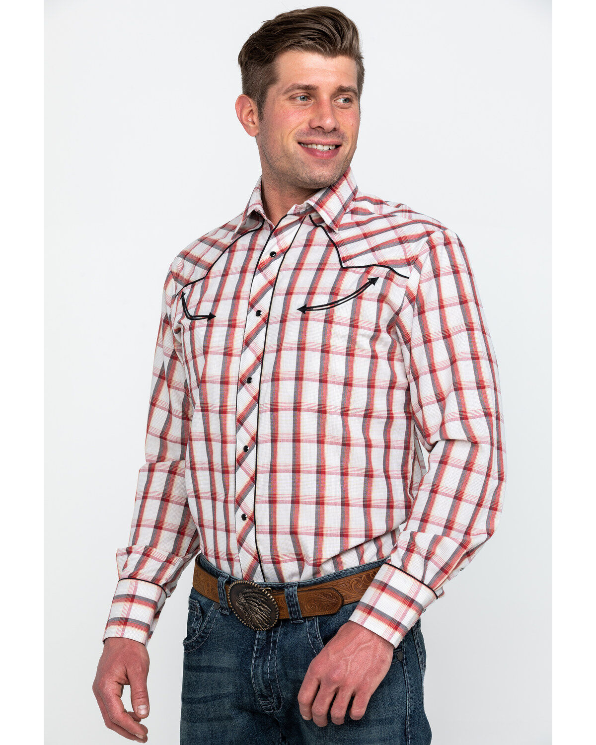 Image #3 - Roper Men's Large Fancy Plaid Long Sleeve Western Shirt, Red, hi-res