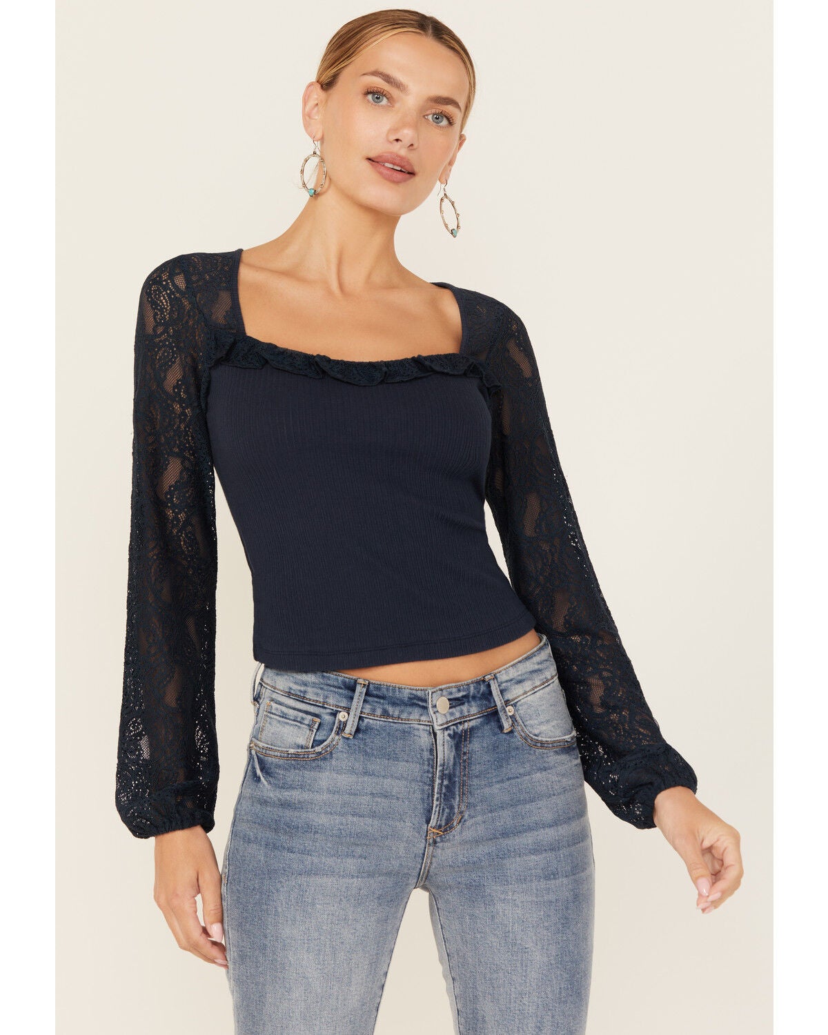 Shyanne Women's Solid Lace Long Sleeve Shirt, Navy, hi-res