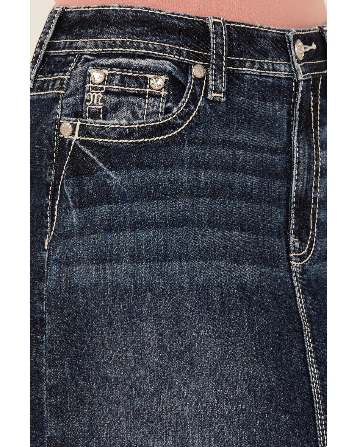 Image #4 - Miss Me Women's Dark Wash Embroidered Pocket Stretch Denim Maxi Skirt, Dark Wash, hi-res