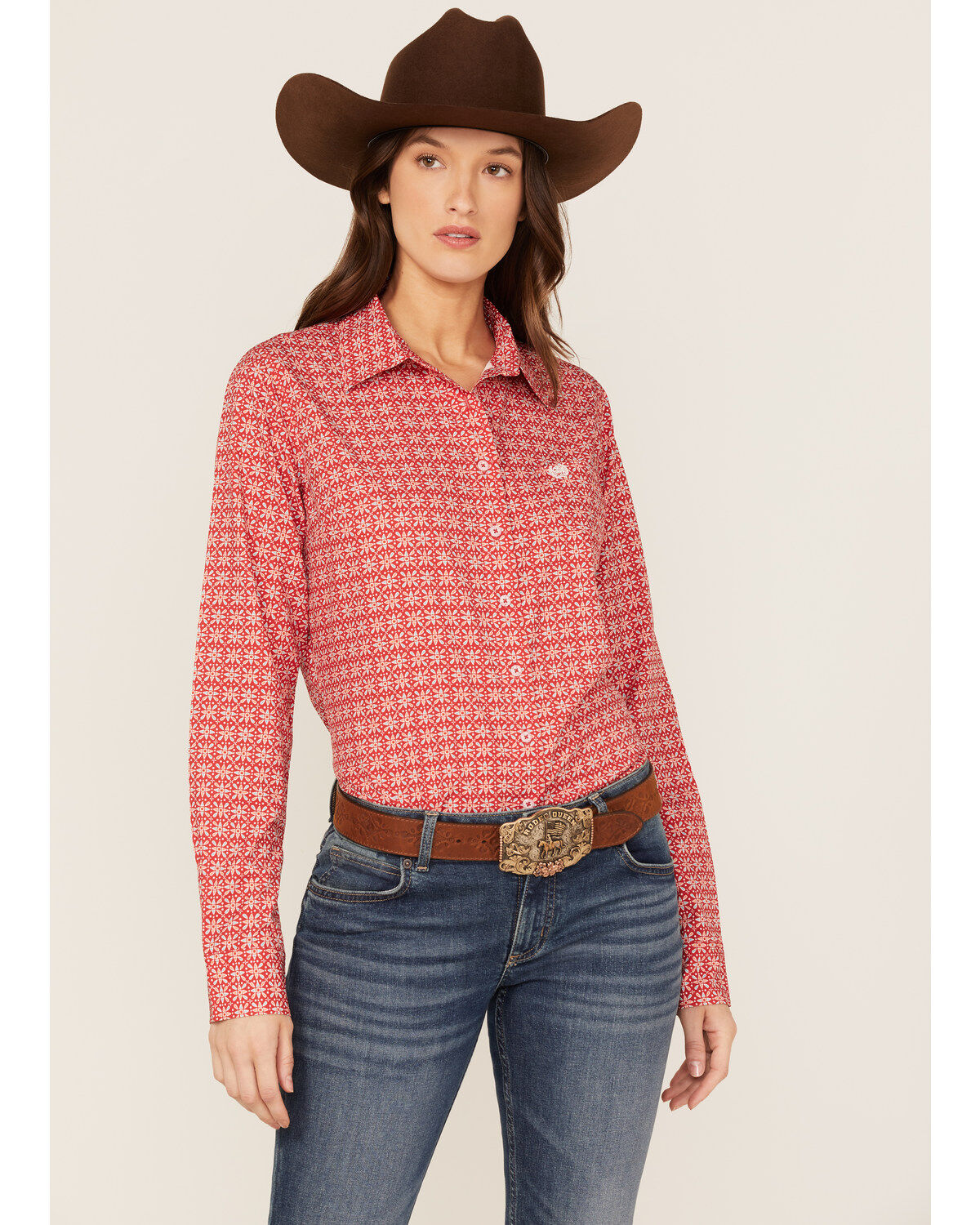 Image #1 - Cinch Women's ARENAFLEX® Geo Print Long Sleeve Button-Down Stretch Shirt, Red, hi-res
