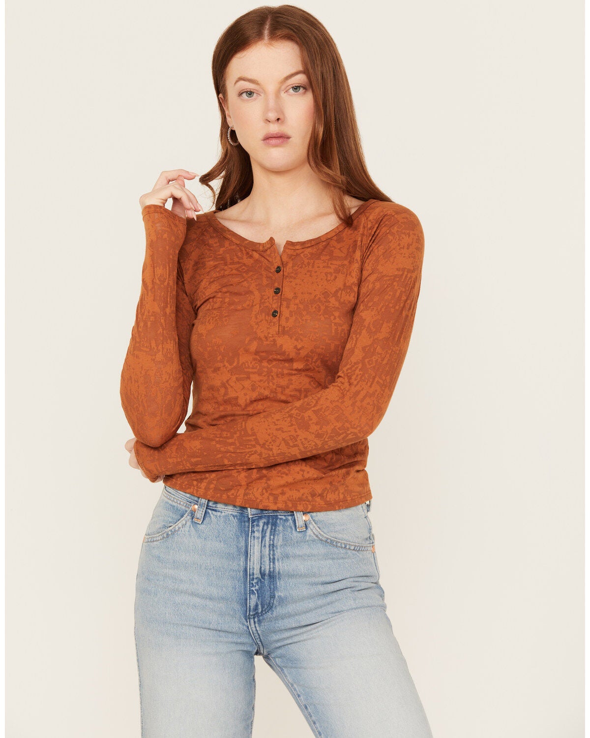 Shyanne Women's Long Sleeve Southwest Burnout Print Henley Shirt, Caramel, hi-res