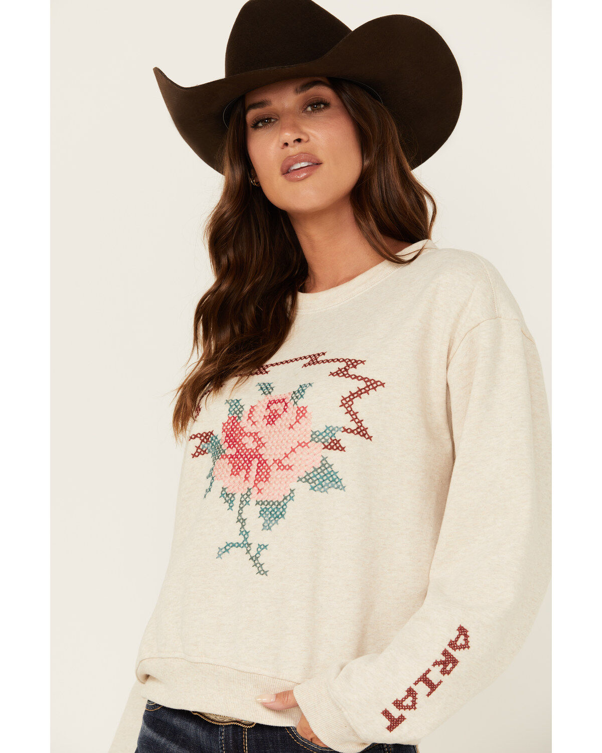 Image #2 - Ariat Women's Rose Embroidered Sweater, Oatmeal, hi-res