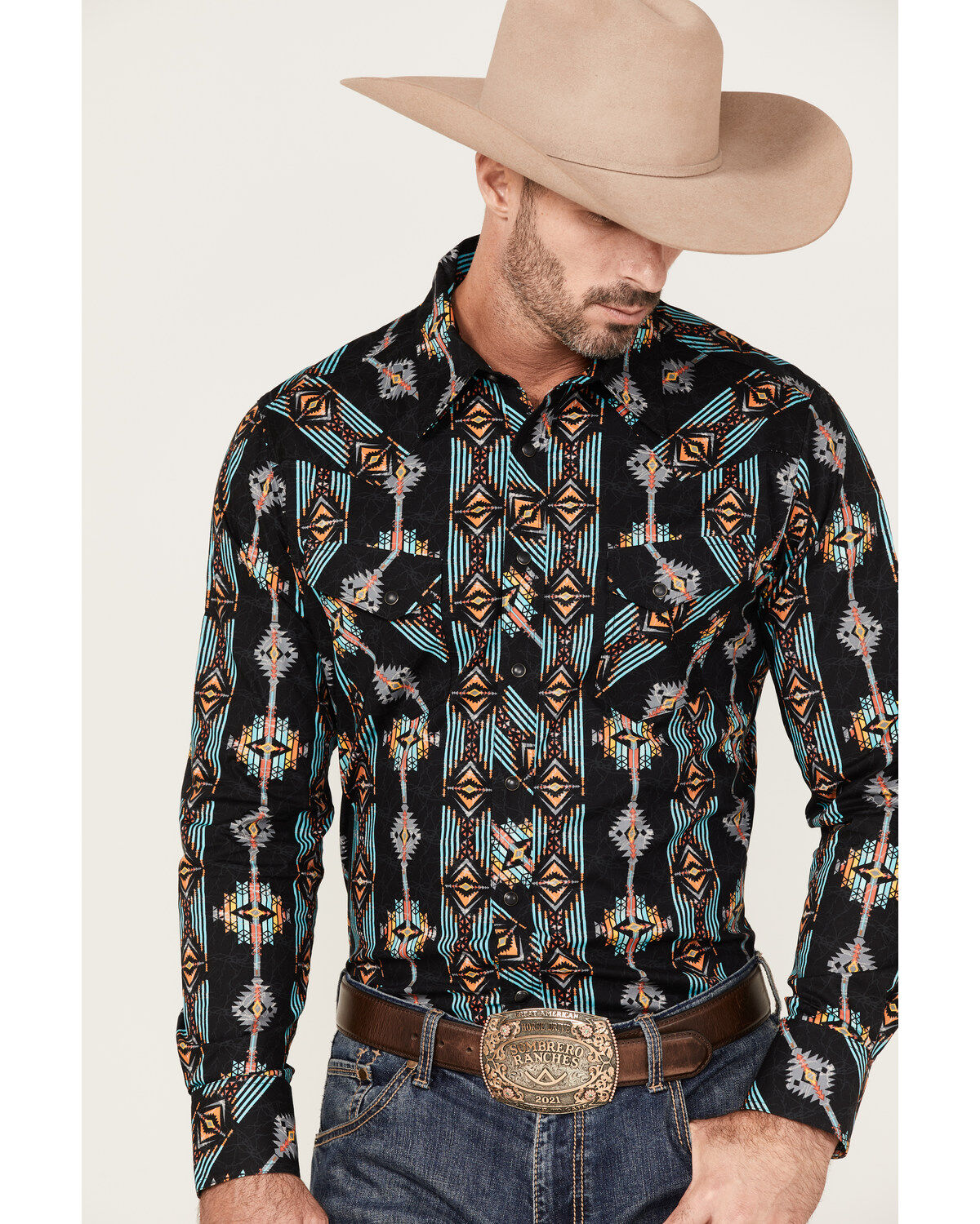 Image #2 - Rock & Roll Denim Men's Vertical Southwestern Print Long Sleeve Snap Western Shirt, Black, hi-res