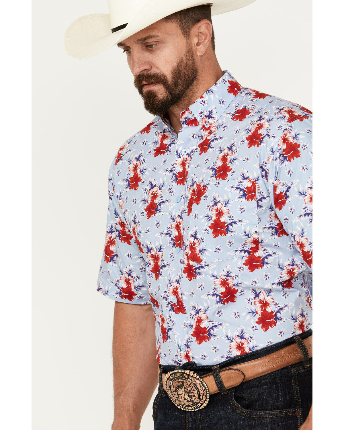 Image #2 - Ariat Men's Jeremiah Floral Print Button-Down Short Sleeve Western Shirt, Light Blue, hi-res