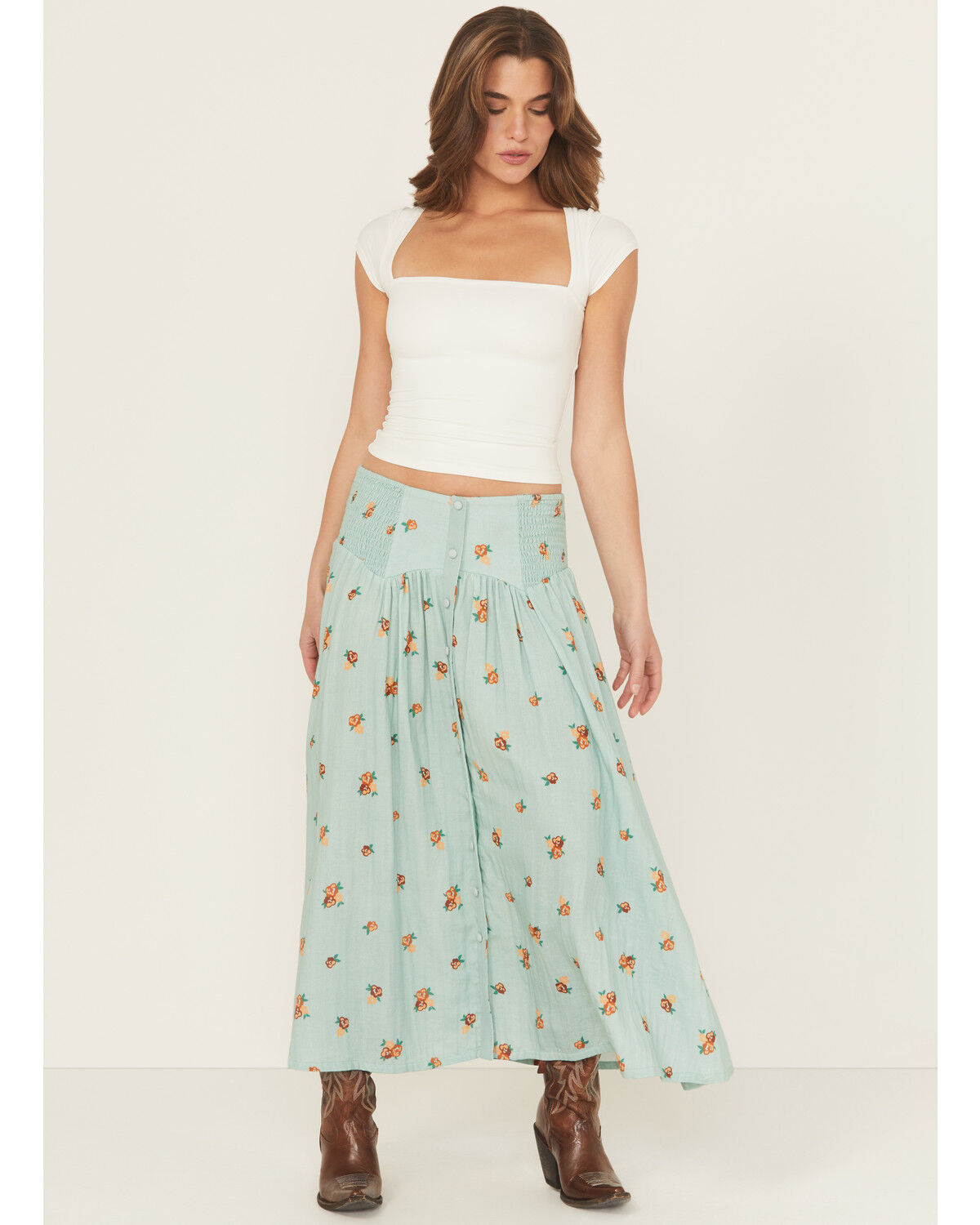 Image #1 - Rock & Roll Denim Women's Floral Print Button-Down Midi Skirt, Aqua, hi-res