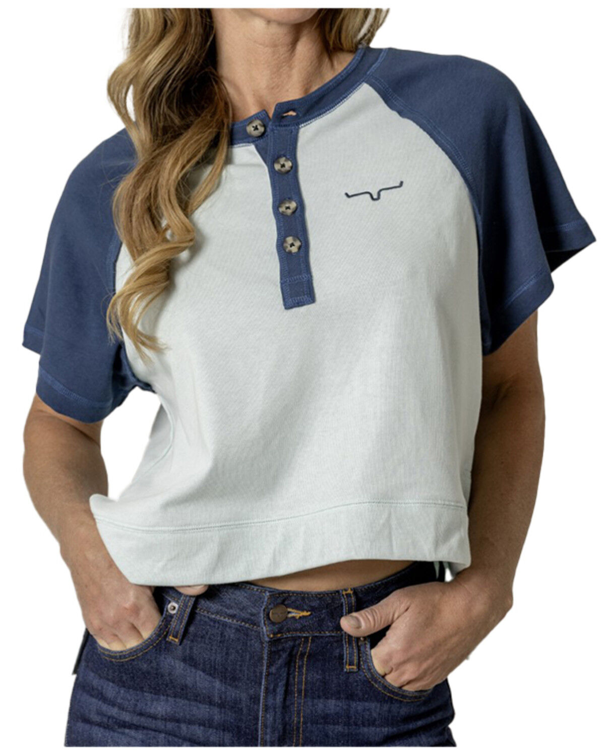 Image #1 - Kimes Ranch Women's Colorblock Short Sleeve 1/4 Button-Down Tee, Blue, hi-res