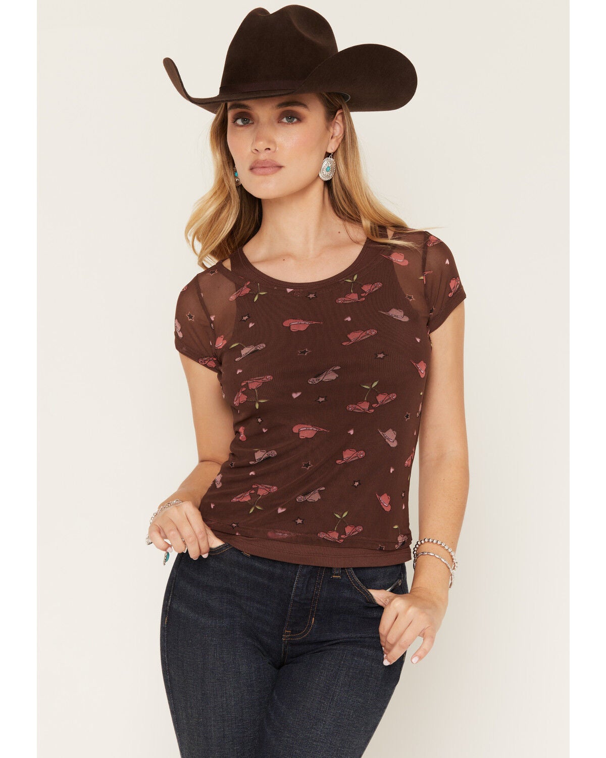 Wild Moss Women's Hat Print Mesh Short Sleeve Shirt, Brown, hi-res