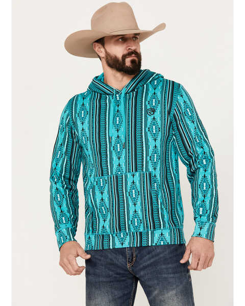 Rock & Roll Denim Men's Southwestern Print Hooded Sweatshirt, Turquoise, hi-res