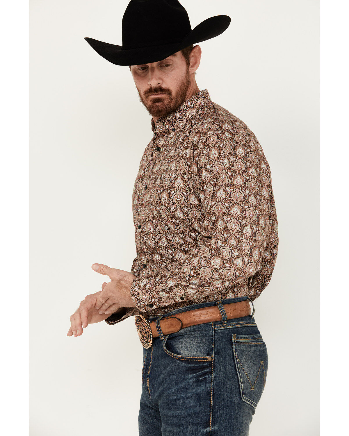 Image #2 - Ariat Men's Boot Barn Exclusive Sweeney Paisley-Esque Print Long Sleeve Button-Down Western Shirt, Brown, hi-res