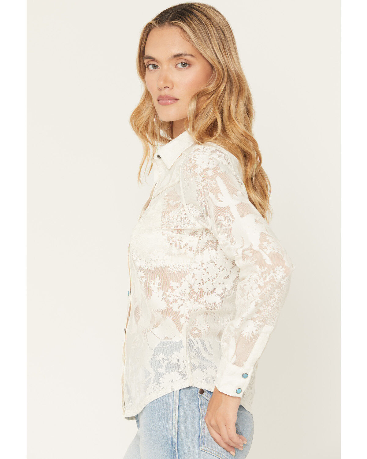 Image #2 - Shyanne Women's Solid Lace Long Sleeve Snap Shirt, Cream, hi-res