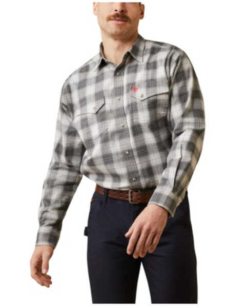 Ariat Men's FR Cogburn Plaid Print Long Sleeve Snap Work Shirt , Charcoal, hi-res