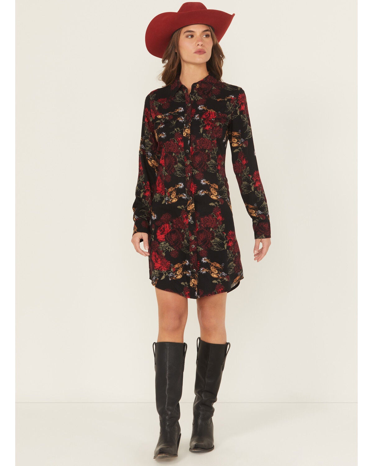 Wrangler Retro Women's Floral Spur Print Long Sleeve Snap Mini Dress, Black, hi-res