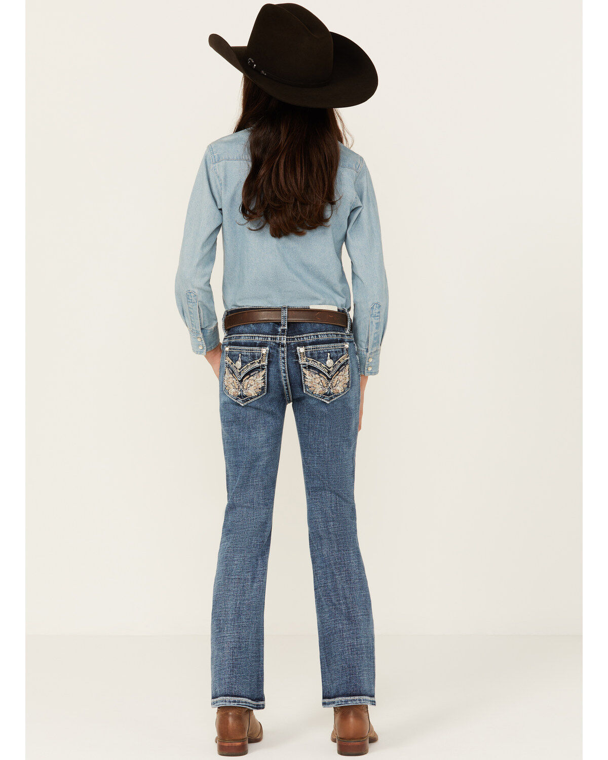 Image #1 - Miss Me Girls' Medium Wash Border Print Stretch Bootcut Jeans, Blue, hi-res