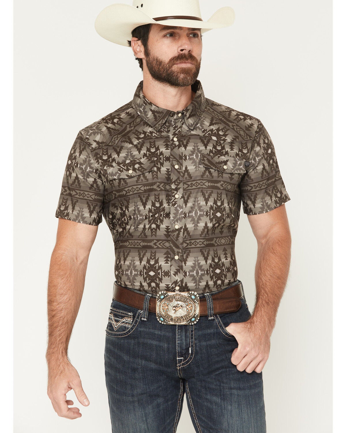 Rock & Roll Denim Men's Tek Southwestern Print Short Sleeve Snap Stretch Western Shirt, Brown, hi-res