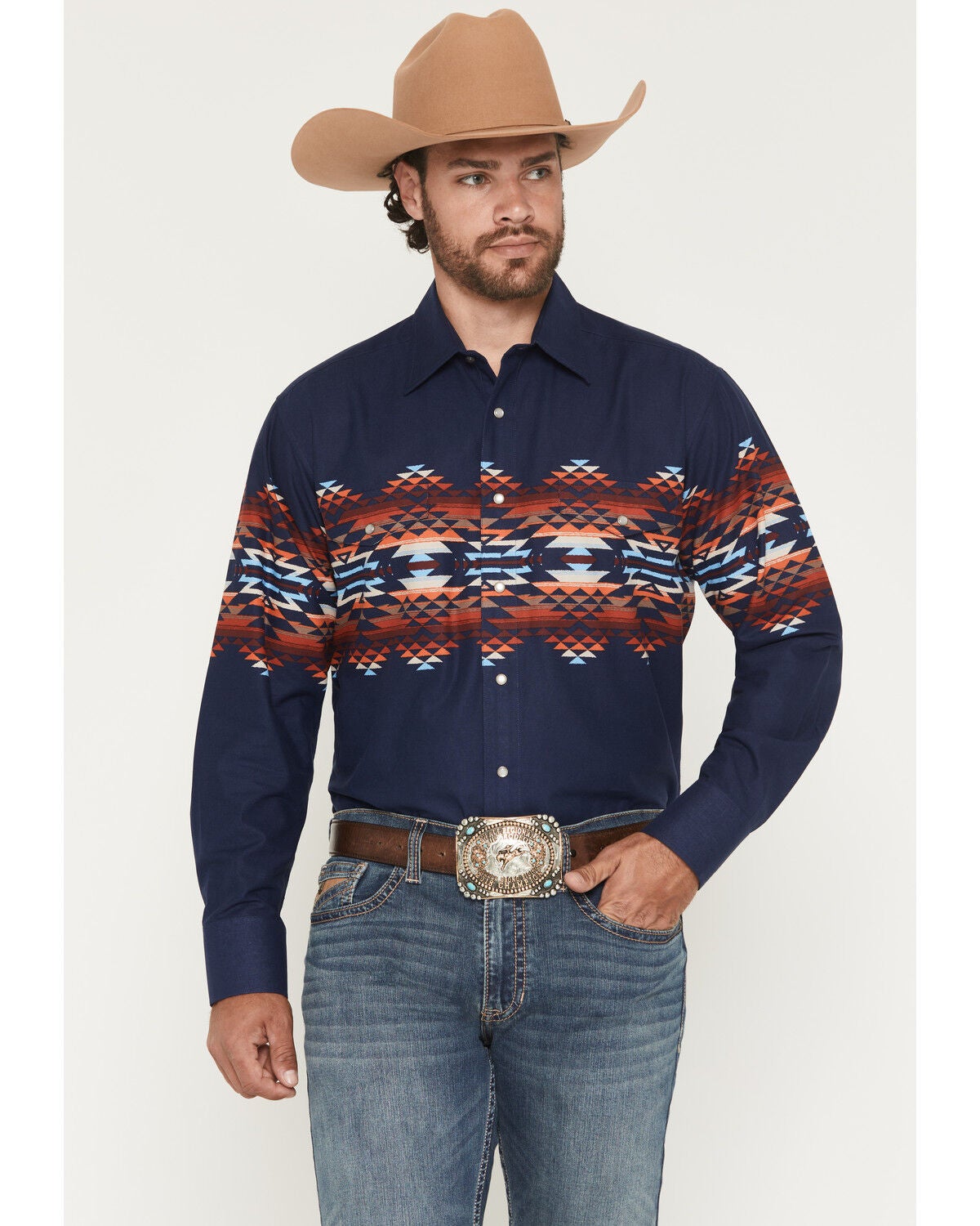 Panhandle Slim Men's Southwestern Border Print Long Sleeve Pearl Snap Western Shirt, Navy, hi-res