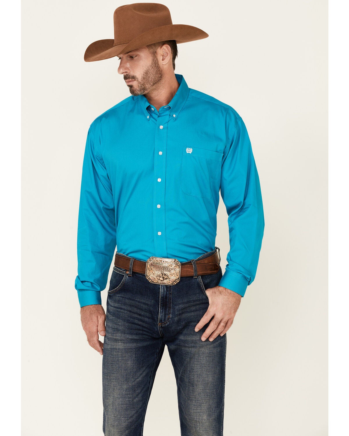 Cinch Long Sleeve Button Down Solid Teal Shirt - Big & Tall, Teal, hi-res