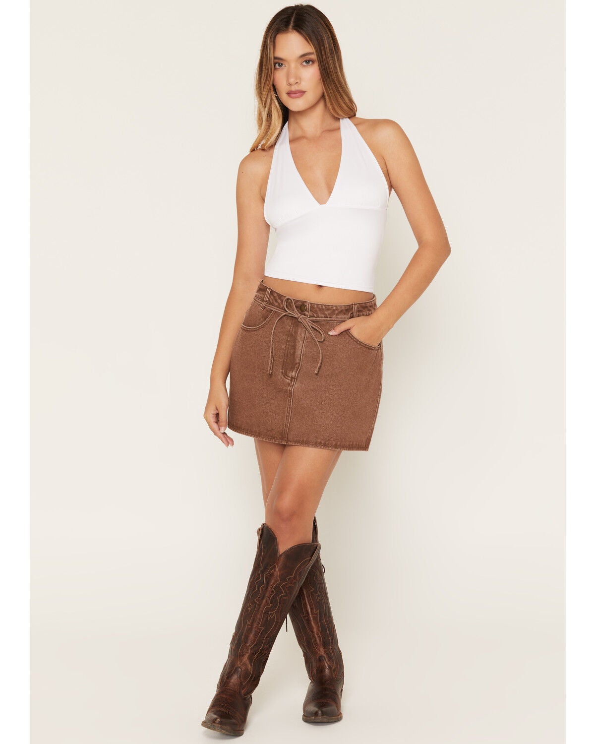 Ashley Women's Boot Barn Exclusive Washed Denim Tie-Front Mini Skirt, Lt Brown, hi-res