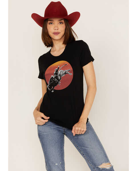 Bandit Women's Sunset Bull Rider Graphic Tee, Black, hi-res
