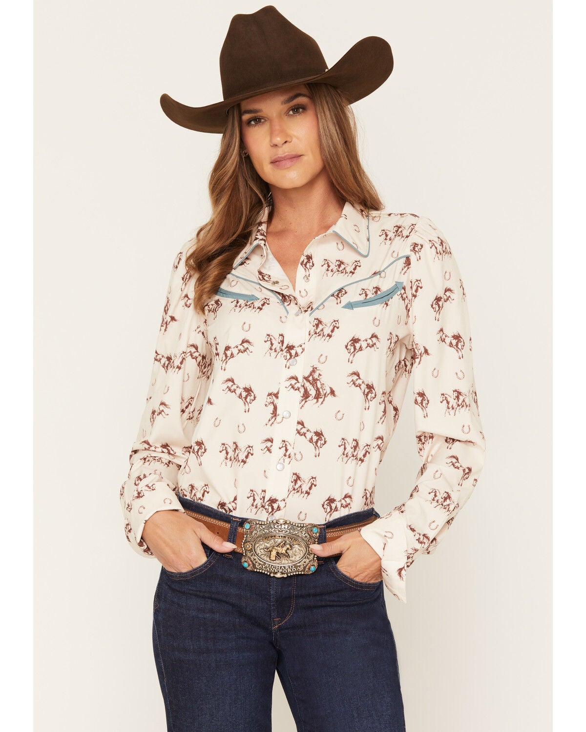 Image #1 - Howdy Hanny Women's Wild Mustang Long Sleeve Pearl Snap Performance Stretch Western Shirt, Ivory, hi-res