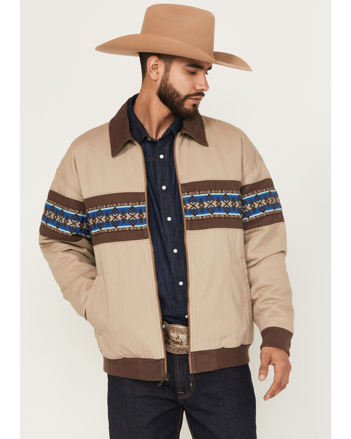 Wrangler Men's Southwestern Border Quilt Lined Zip-Up Bomber Jacket, Tan, hi-res