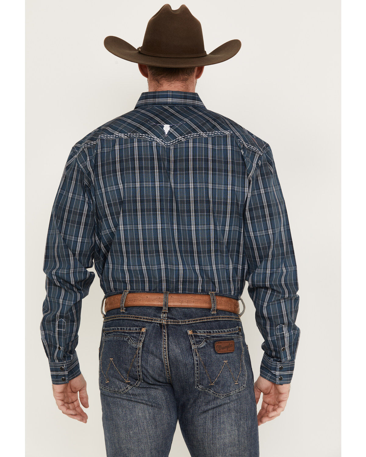 Image #4 - Cowboy Hardware Men's Arroyo Plaid Print Long Sleeve Western Snap Shirt, Blue, hi-res