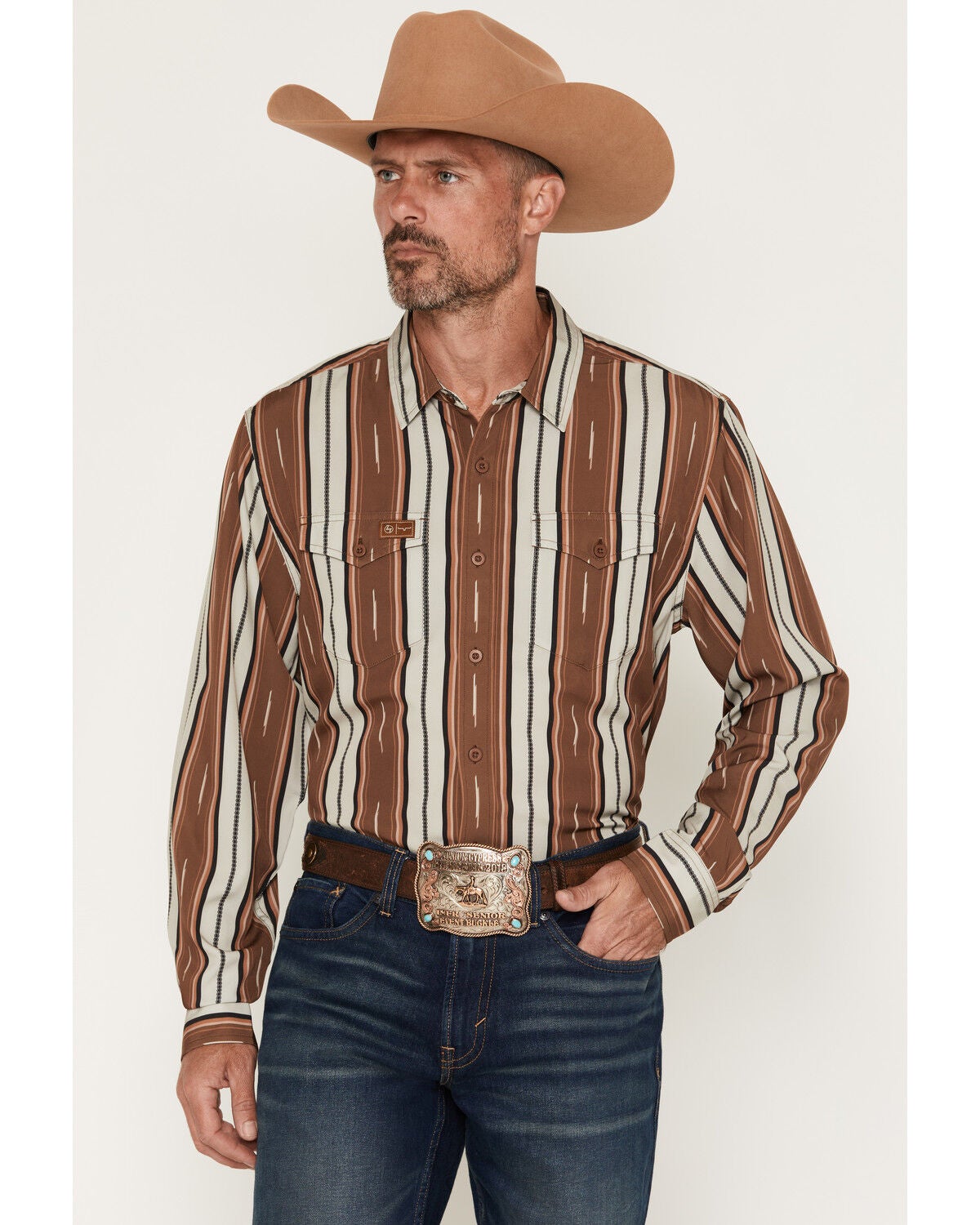 Image #1 - Zach Top X Kimes Ranch Men's Hickory Striped Long Sleeve Button-Down Stretch Western Shirt, Brown, hi-res