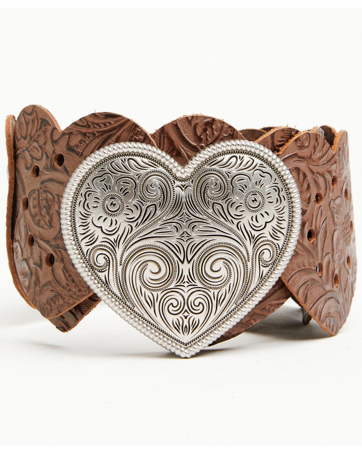 Image #2 - Shyanne Women's Marigold Heart Plaque Leather Strap Belt, Brown, hi-res