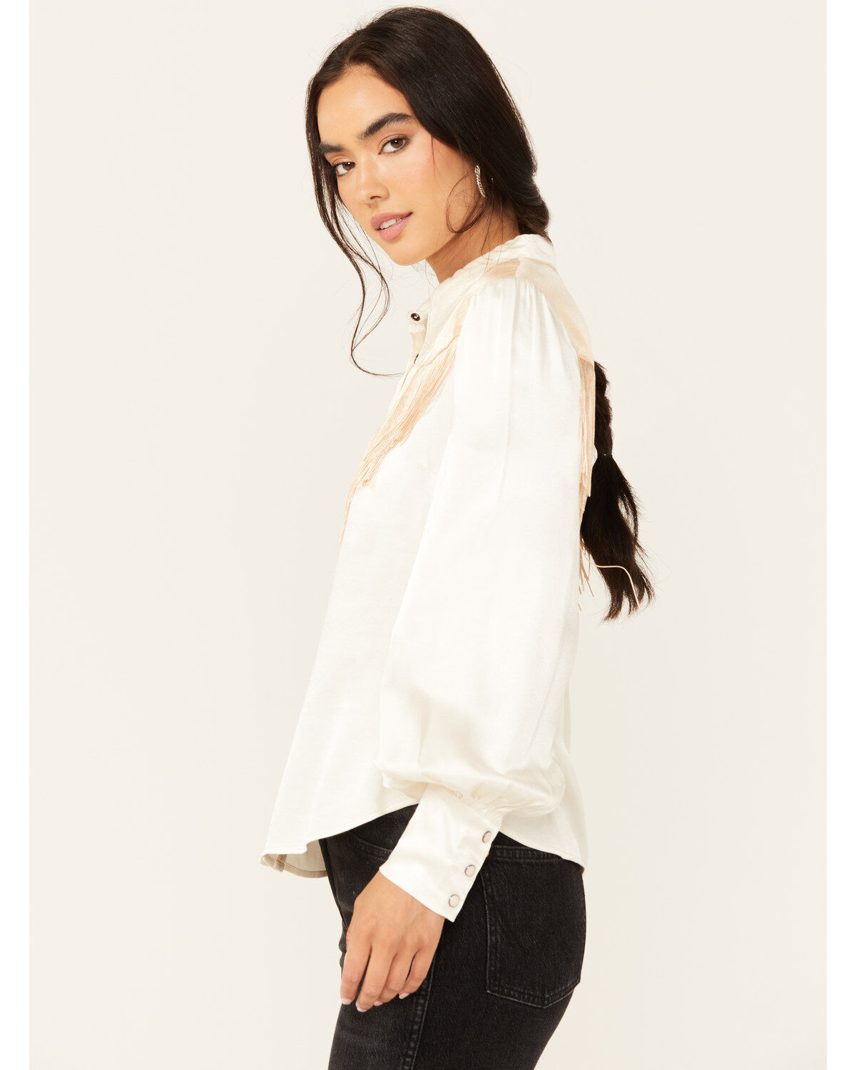 Image #2 - Shyanne Women's Color Block Western Fringe Blouse, Cream, hi-res