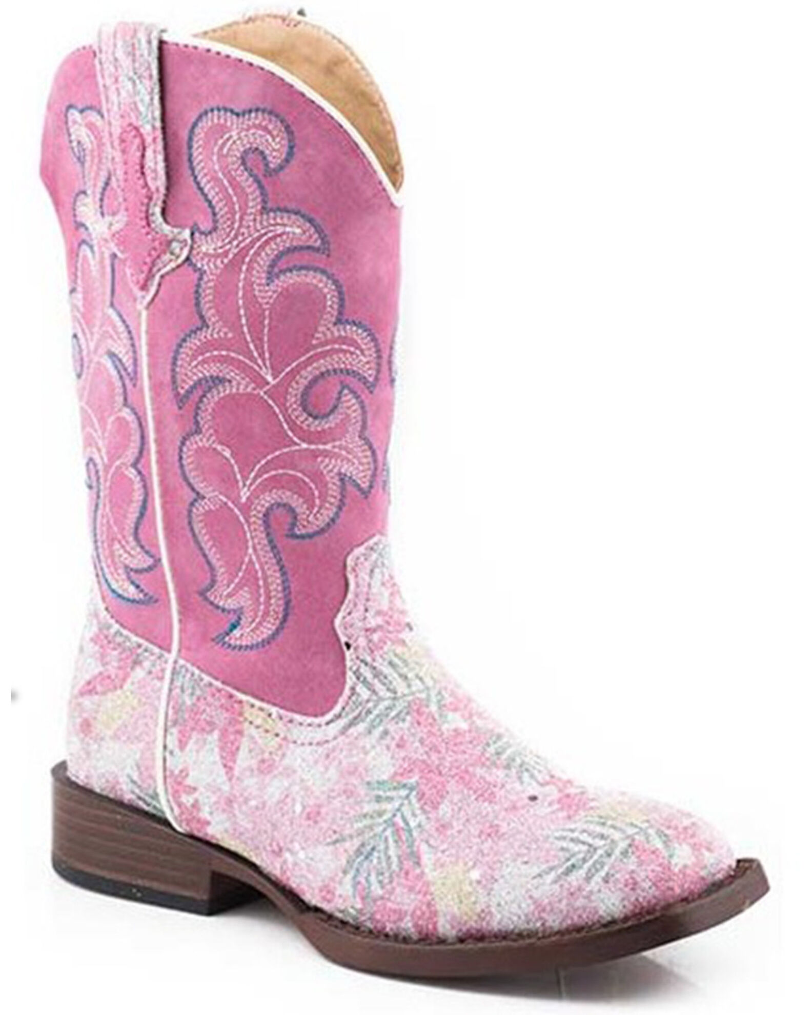 Roper Little Girls Glitter Floral Western Boots Square Toe