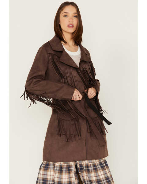 Powder River Outfitters Women's Suede Fringe Coat, Brown, hi-res