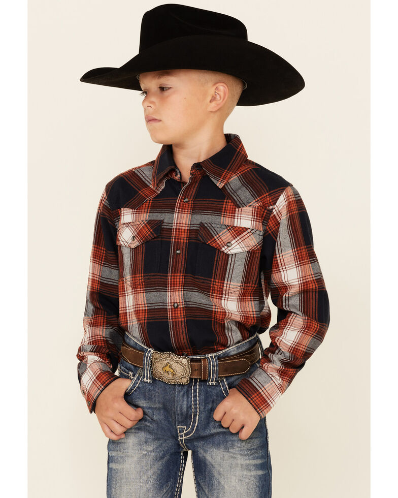 Cody James Boys' Indian Summer Large Plaid Long Sleeve Snap Western Flannel Shirt , Navy, hi-res