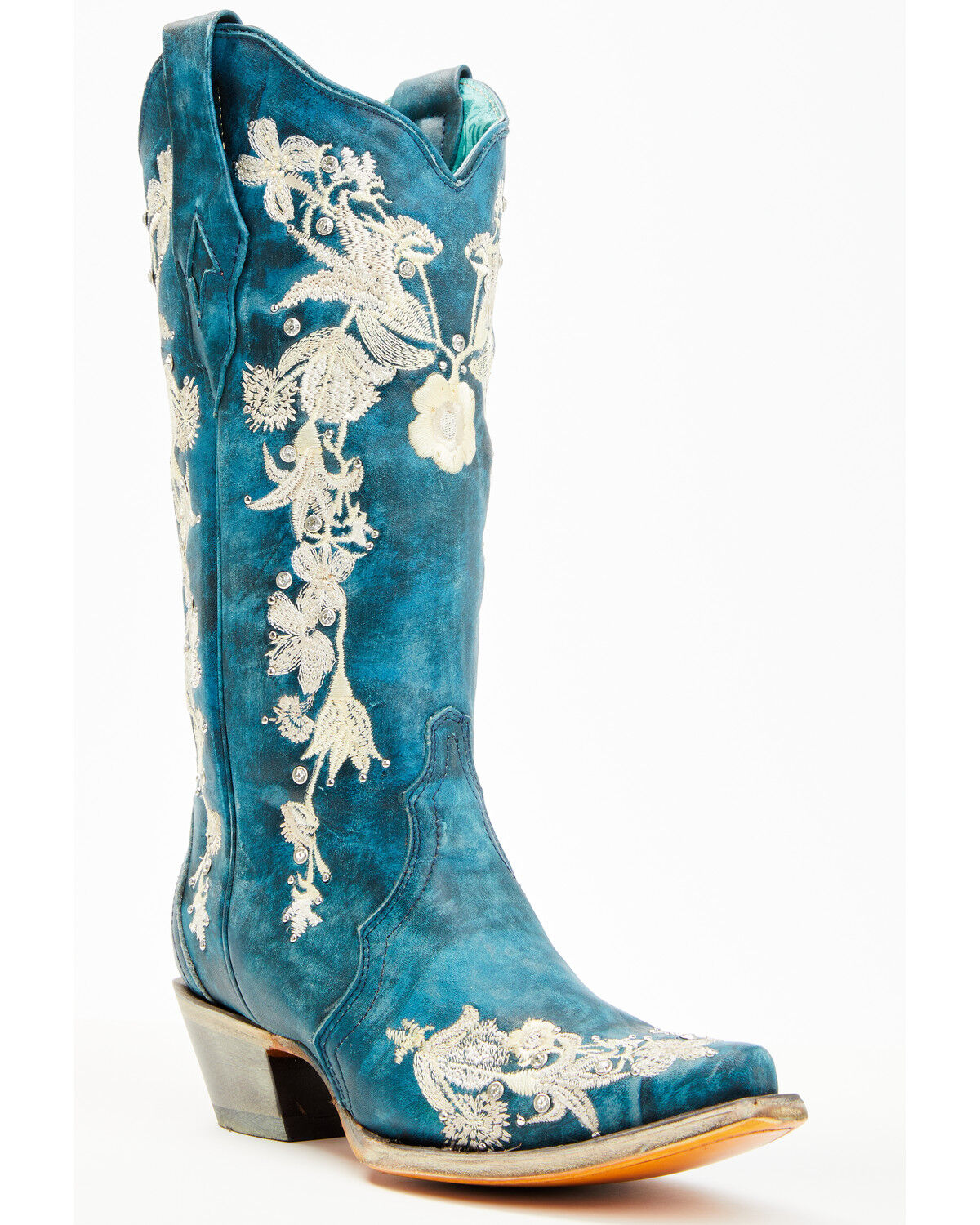 Image #1 - Corral Women's Floral Embroidered & Rhinestone Studded Western Boots - Snip Toe, Navy, hi-res