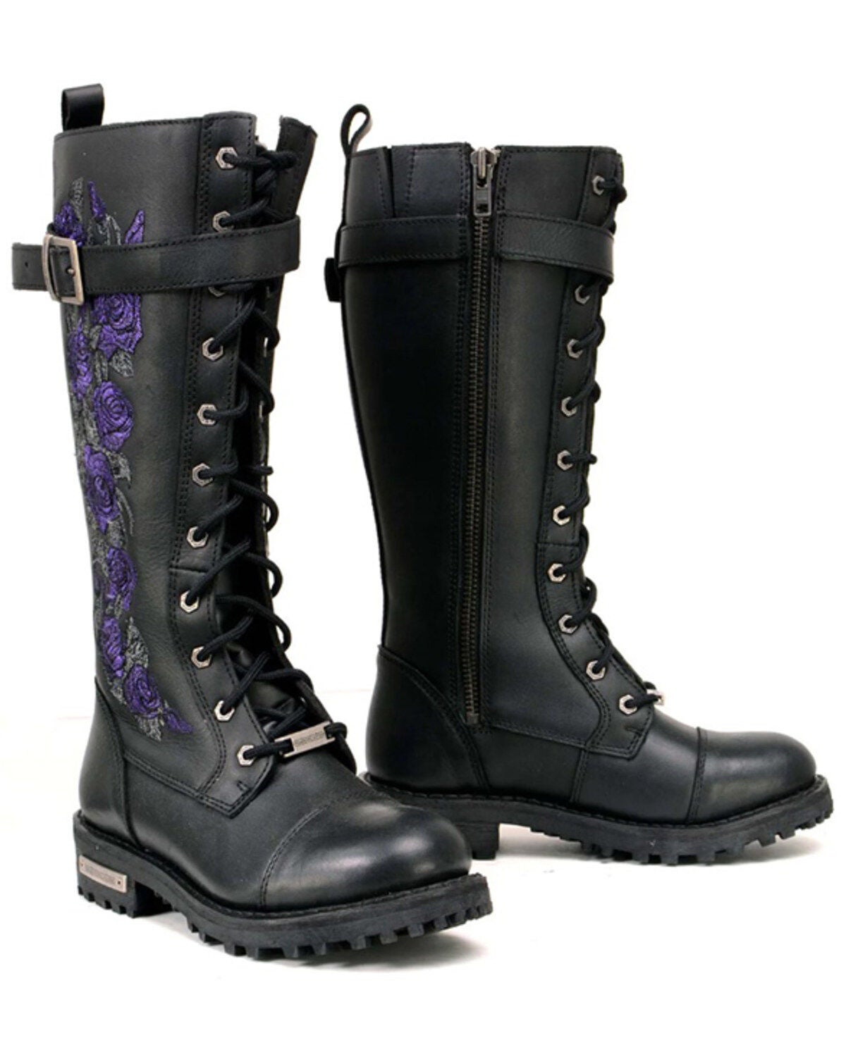 Milwaukee Leather Women's Floral Embroidered Tall Motorcycle Boots - Round Toe, Black/purple, hi-res