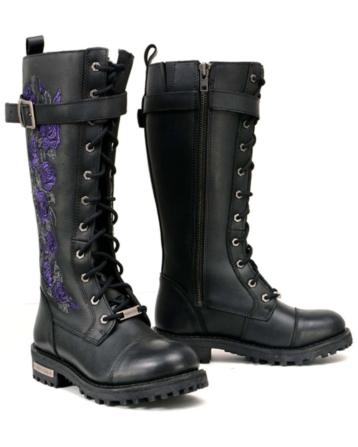 Image #1 - Milwaukee Leather Women's Floral Embroidered Tall Motorcycle Boots - Round Toe, Black/purple, hi-res