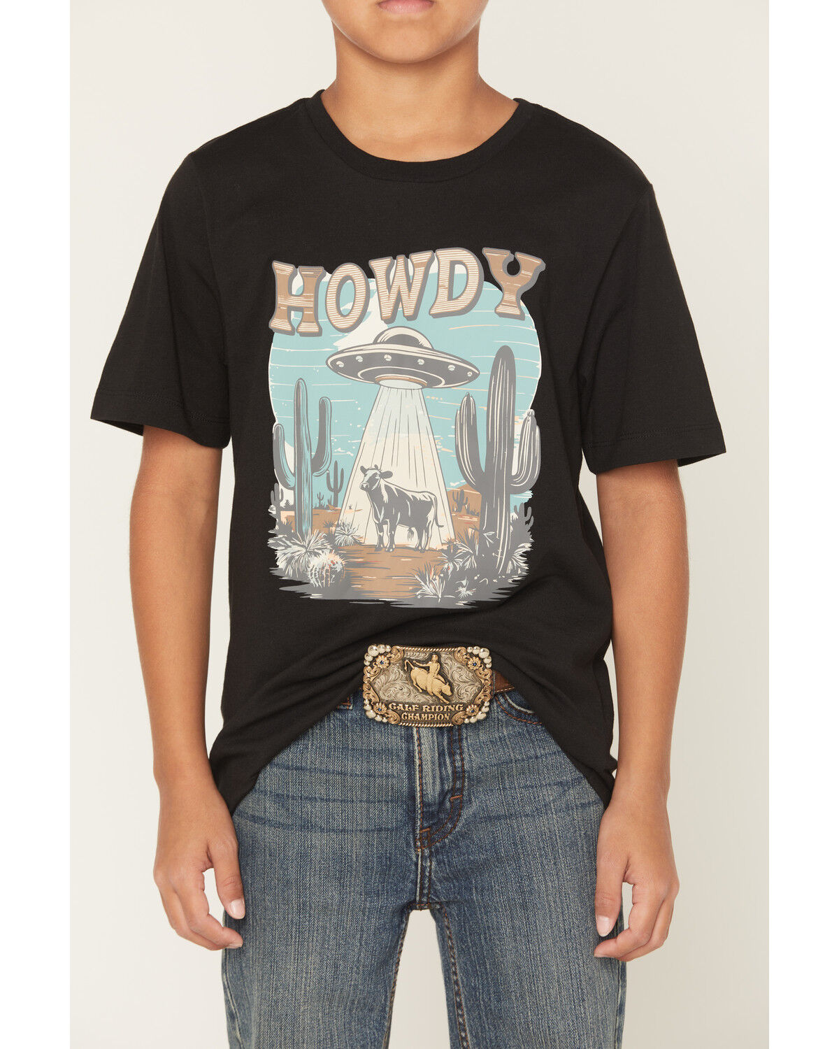 Image #3 - Sable Sky Boys' Howdy Space Cow Short Sleeve Graphic T-Shirt, Black, hi-res