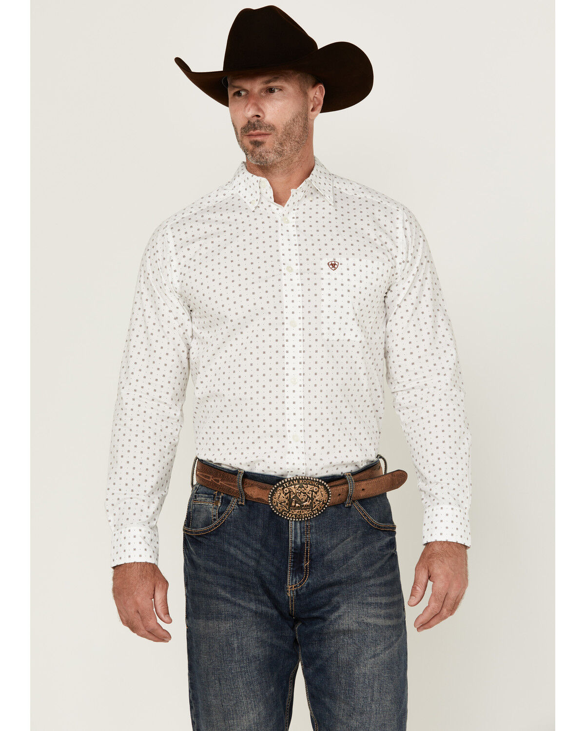 Image #1 - Ariat Men's Pembroke Geo Print Long Sleeve Button-Down Western Shirt, White, hi-res