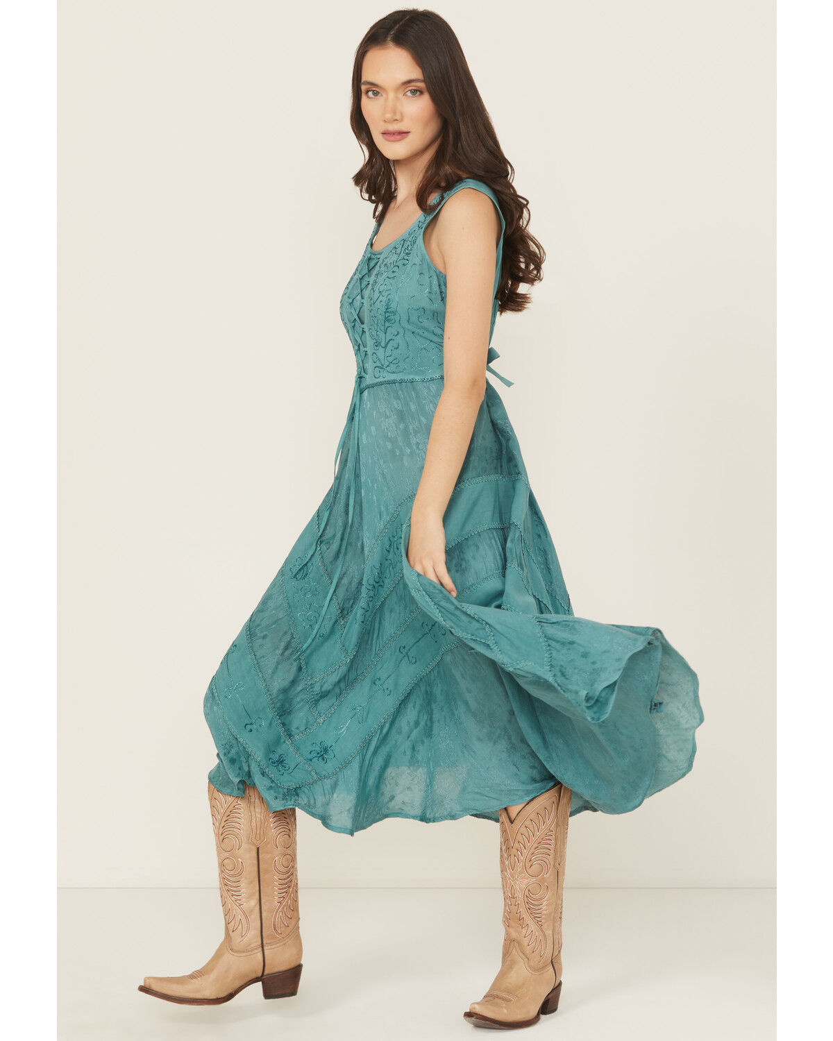 Image #1 - Scully Women's Lace-Up Jacquard Midi Dress, Teal, hi-res