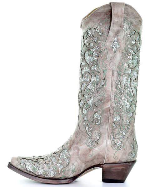 Image #3 - Corral Women's Glitter Inlay and Crystals Western Boots, White, hi-res