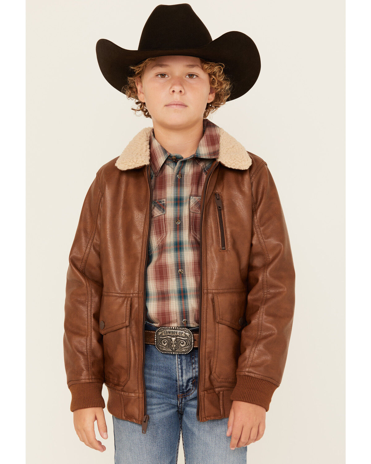 Image #1 - Urban Republic Little Boys' Faux Leather Bomber Jacket, Lt Brown, hi-res
