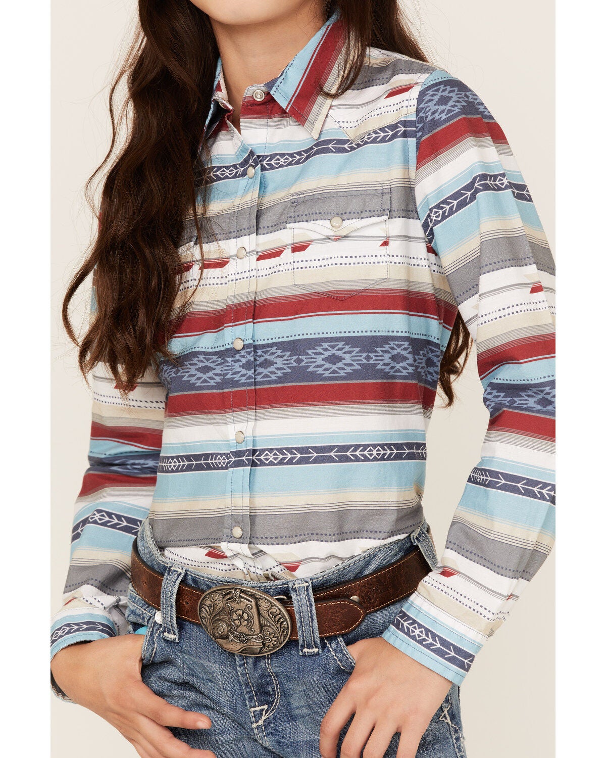 Image #3 - Roper Girls' West Made Southwestern Stripe Print Long Sleeve Western Snap Shirt, , hi-res
