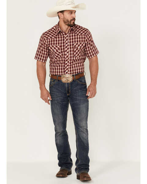 Image #2 - Roper Men's Classic Small Plaid Short Sleeve Pearl Snap Western Shirt , Red, hi-res