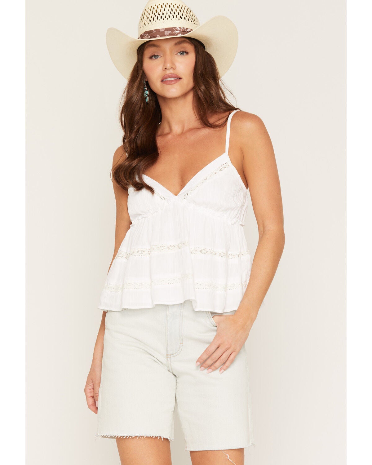 Angie Women's Sleeveless Lace Trim Tiered Cami, White, hi-res