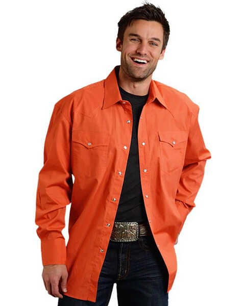 Image #1 - Roper Men's Basic Solid Long Sleeve Western Shirt, Orange, hi-res