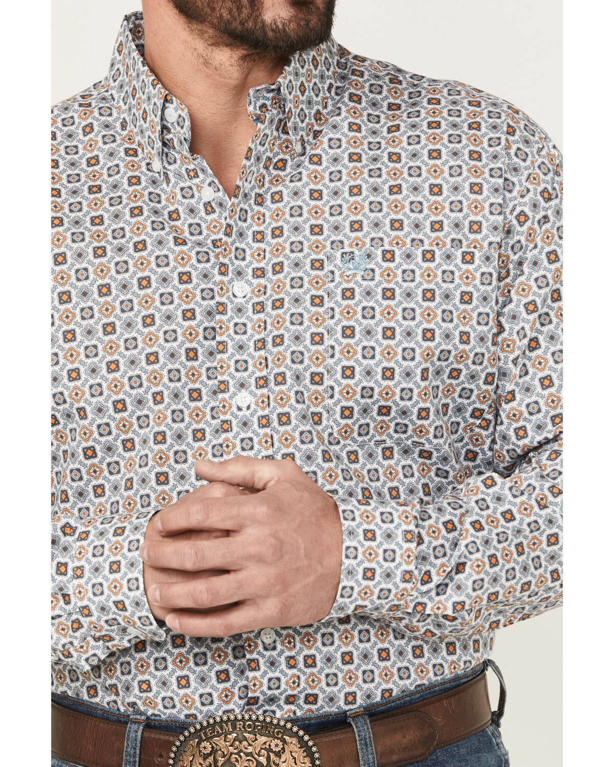 Image #3 - Cinch Men's Geo Print Long Sleeve Button-Down Western Shirt, White, hi-res